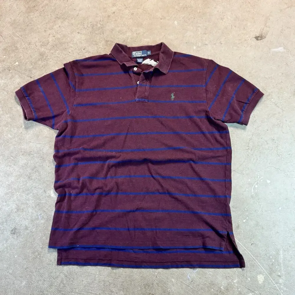 Polo Ralph Lauren Burgundy Navy Blue Stripped Polo Shirt Sz XL